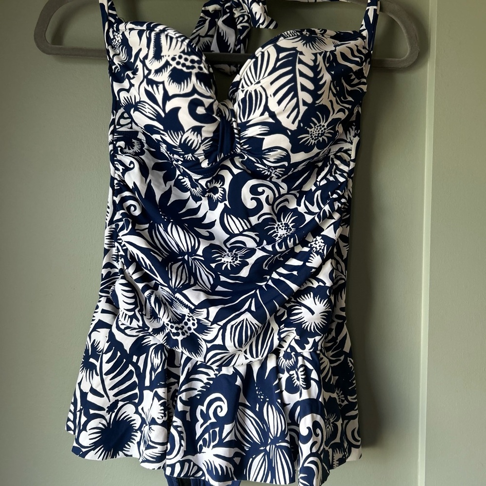 Chaps Navy and White Floral one piece bathing suit